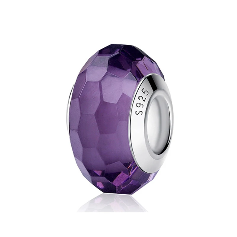 Facted Purple 925 пробы, серебряные стеклянные бусины, шармы, подходят для браслетов Pandora, Радужное граненое муранское стекло, шарм, сделай сам, изготовление ювелирных изделий - Цвет: Facted Purple