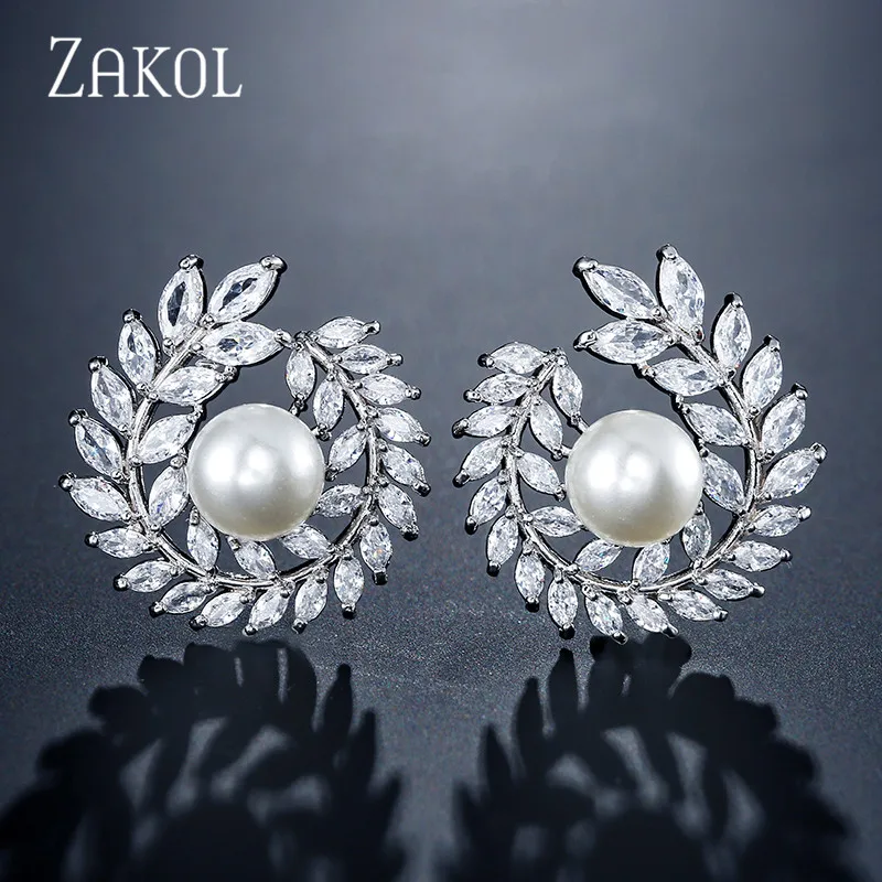 Роскошные свадебные серьги-гвоздики ZAKOL с искусственным жемчугом и кубическим
