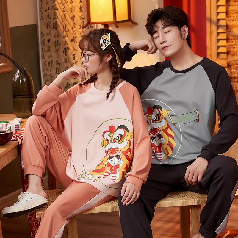 Осенне зимние парные пижамы хлопковые Пижамные комплекты Женская милая Пижама