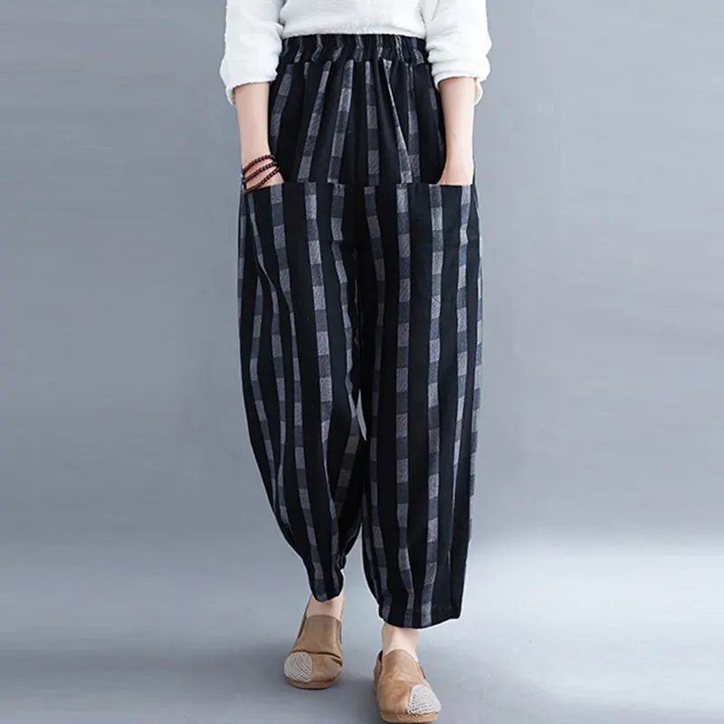 

Весна-Осень 2020, новые женские свободные повседневные штаны в полоску с эластичной резинкой на талии, хлопковые льняные шаровары размера плю...