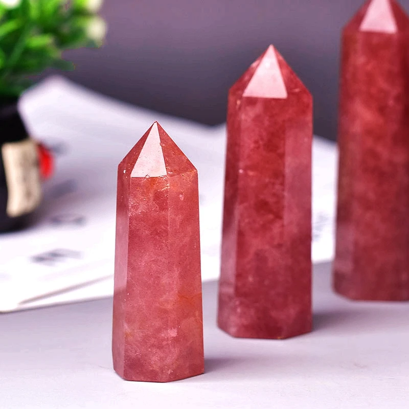 

1PC Natural strawberry quartz hexagonal column Crystal Point Mineral Ornament Healing obelisk Wand Home Decoration DIY Gift