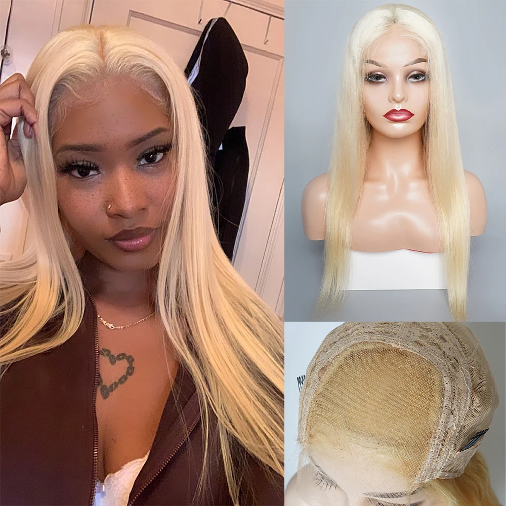 #613 Blonde 4*4 Lace Closure Wigs Brazilian Remy Human Hair 12-26 Inch Straight Bleach Blonde Lace Front Wigs 150% Density