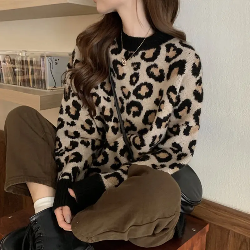 

Leopard Sweater Women's Spring, Autumn and Winter 2021 New Lazy Wind Loose Ins Super Fire Knitted Bottoming Shirt Women