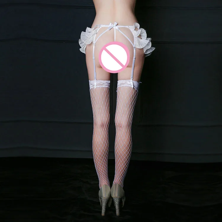 

2020 женские белые чулки с воланами, сексуальное нижнее белье, тюлевые сетчатые кружевные чулки с поясом, Чулки с открытой спиной и трусиками