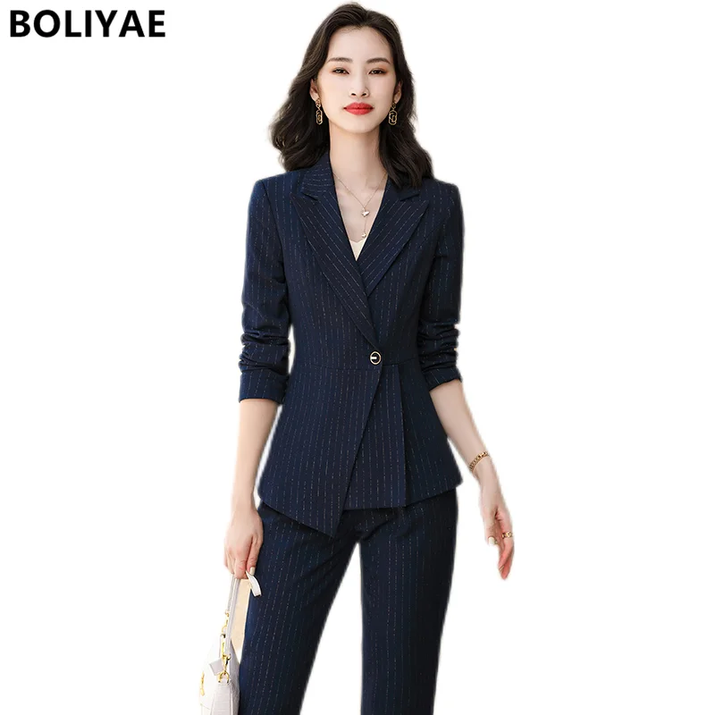 Boliyae New Spring Autumn Professional Trouser Suits Office Business Formal Blazers Black Elegant Stylish Jacket Suits for Women