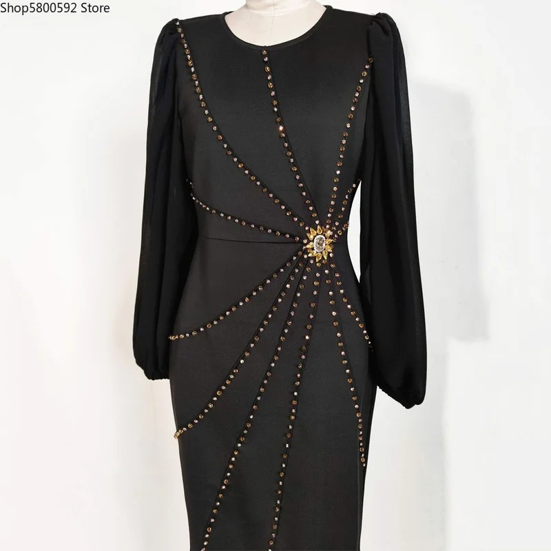 2022 Black Kaftan Abaya Dubai Gulf Abayas Women Islam Clothing Muslim Maxi Dress Long Sleeve Pakistani African Mesh Dresses