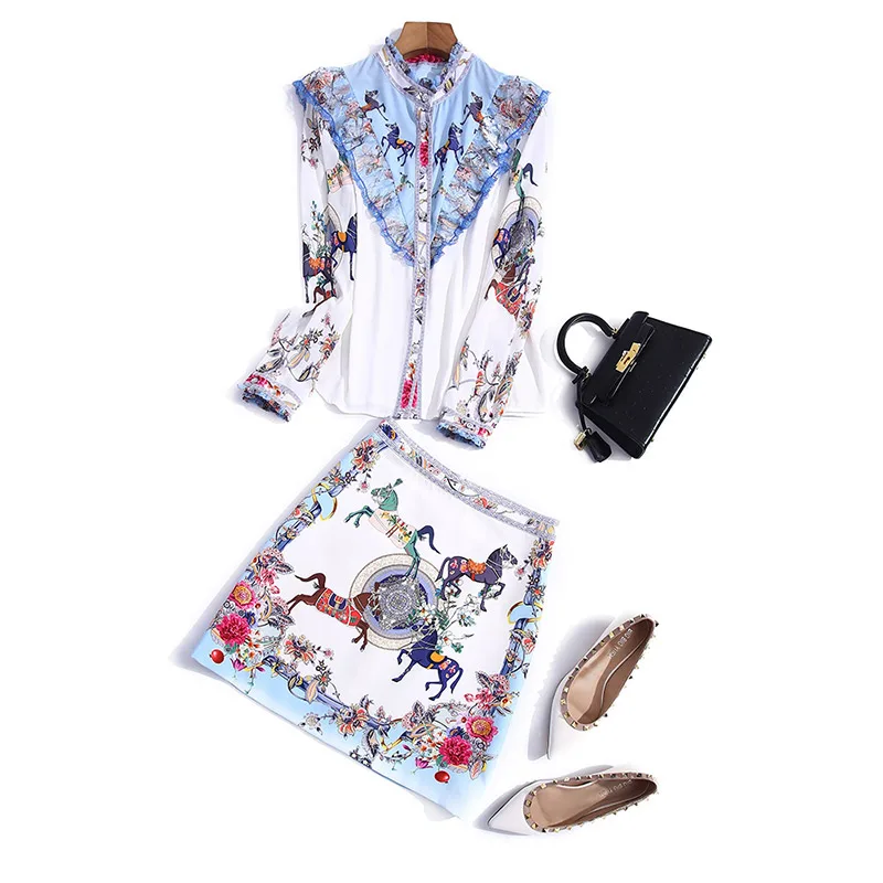 

2021 spring new women's wear ear lace collar with lace long sleeve printed shirt waist skirt fashion suit