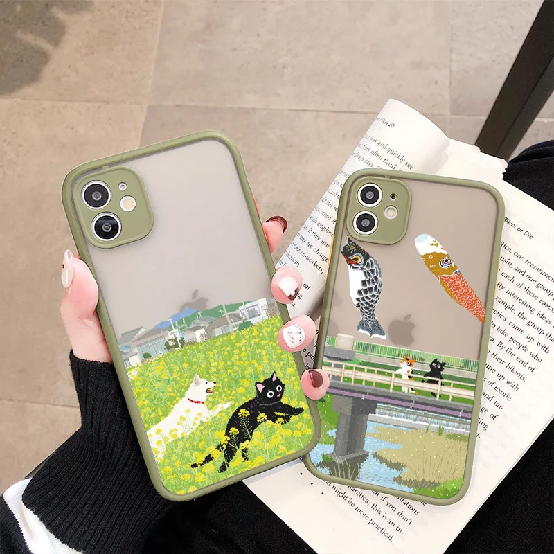 Cartoon Animal Cat Scenery Phone Case For iphone 6s 7 8 Plus SE2 11 12 14 13 Pro Max X XR XS MAX Hard Matte Shockproof Cover