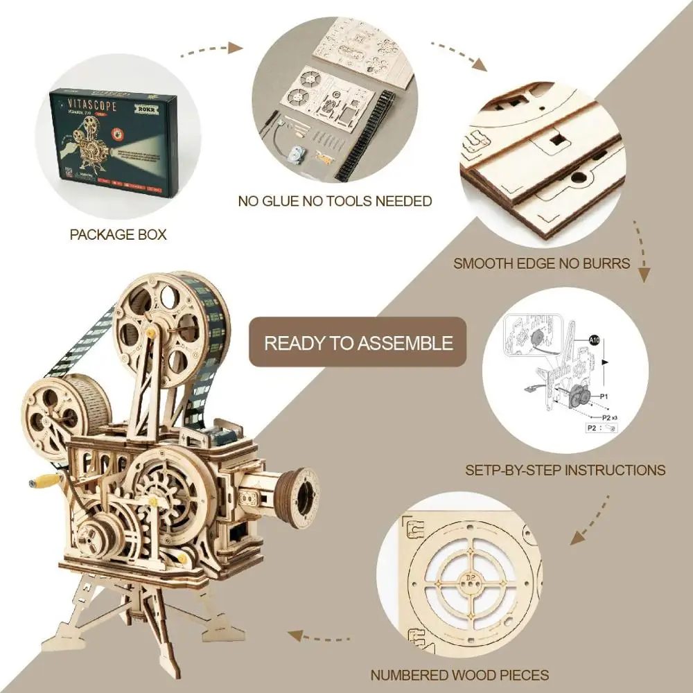 ROKR рукоятка проектор классический фильм Vitascope 3D деревянные головоломки модель строительный блок игрушки для детей и взрослых LK601