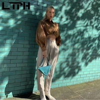 ltph streetwear womens tops and blouses vintage casual shirts long sleeve top khaki short puckered slim shirt 2022 spring new
