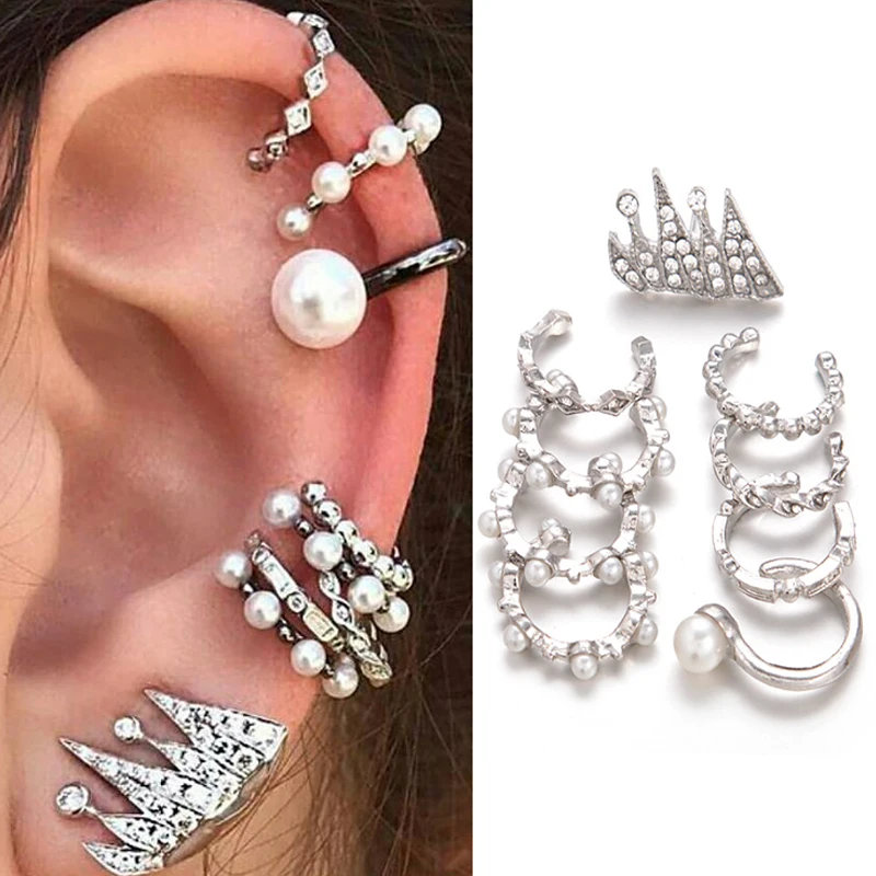 

9pcs/set 2021 Trend Vintage Clip Earrings Ear Cuffs for Women Fake Piercing Pearl Zircon Ear Jewelry Accessories Gift