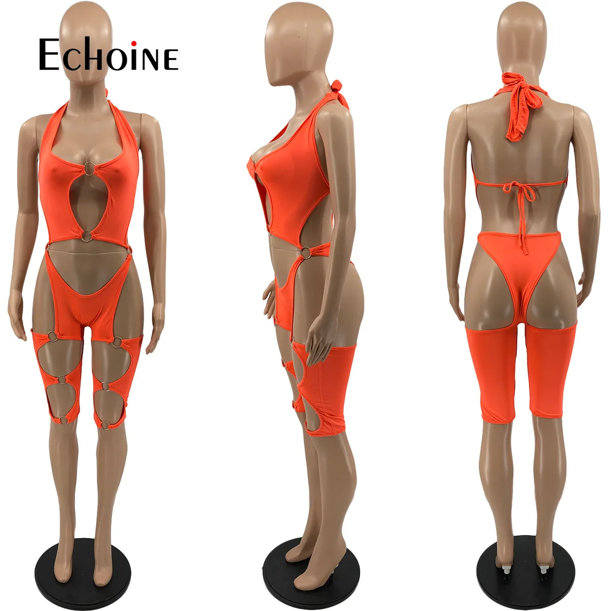 

Echoine Summer Women Sexy Hollow Out Rompers Halter V-neck Playsuit Club Party bodysuit One Piece Fitness Femmes Short Jumpsuit
