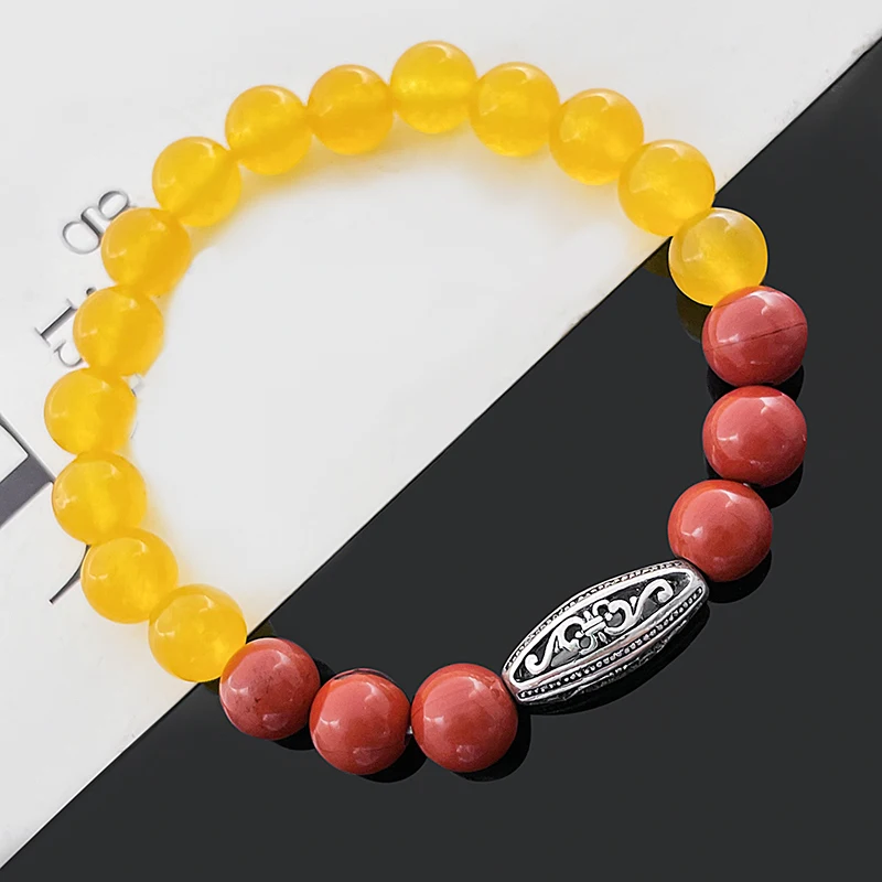 

Vintage Pattern Metal Gemstone Bracelet Bangles 8 mm Natural Yellow Jade Red Stone Bracelets Handmade Elasticity Jewelry Women
