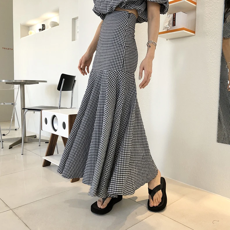 2021 New Summer Plaid Two Piece Set Women Puff Sleeve Shirt Crop Top & Bodycon Maxi Mermaid Skirt Korean Casual 2 |