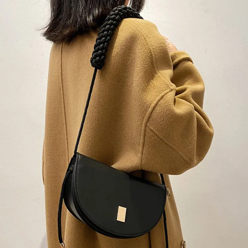 

Half-Moon Bags Design Women Leather Oblique Satchel Flap Crossbody Bag Women Weave Strap Shoulder Bag Lady Messenger Sling Purse