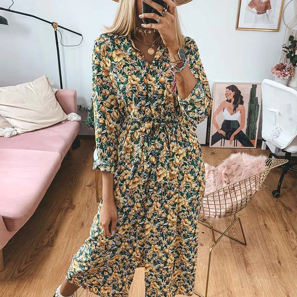 

Dress women summer slim beach dressWomen Long Sleevel Dot&Floral Printed Boho Dress Evening Party Beach Sundress 2021