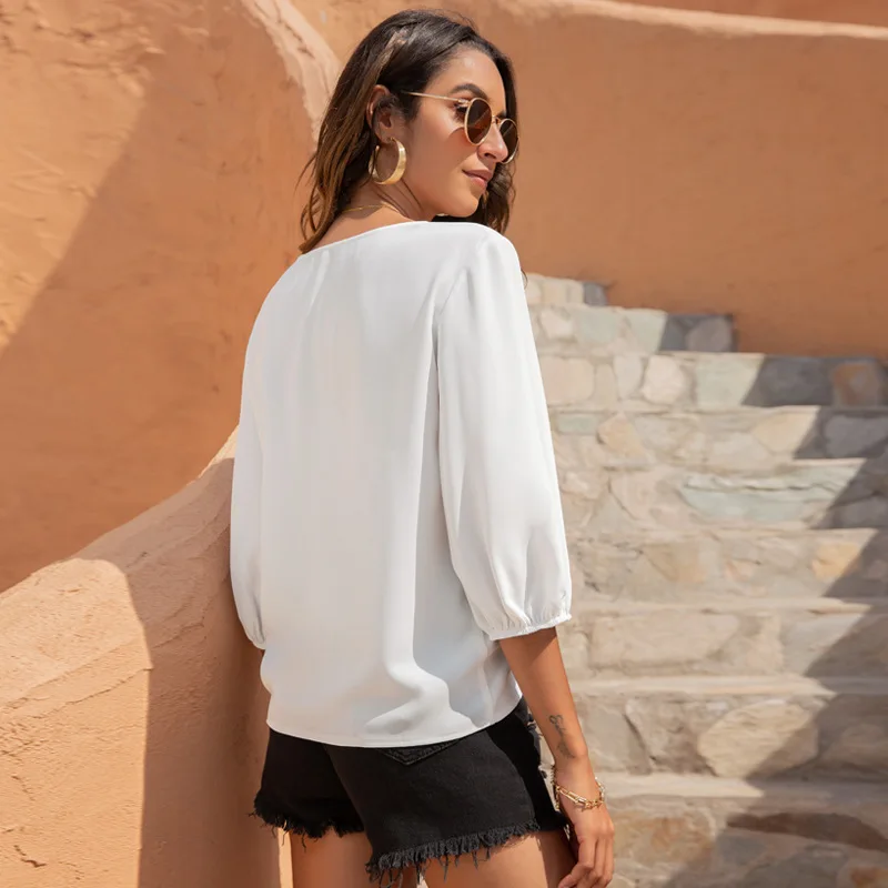 

Summer New Women Sexy Solid Color V-Neck Casual Fashion Drawstring Three-Quarter Sleeve Shirt Stitching Ladies Chiffon Blouse