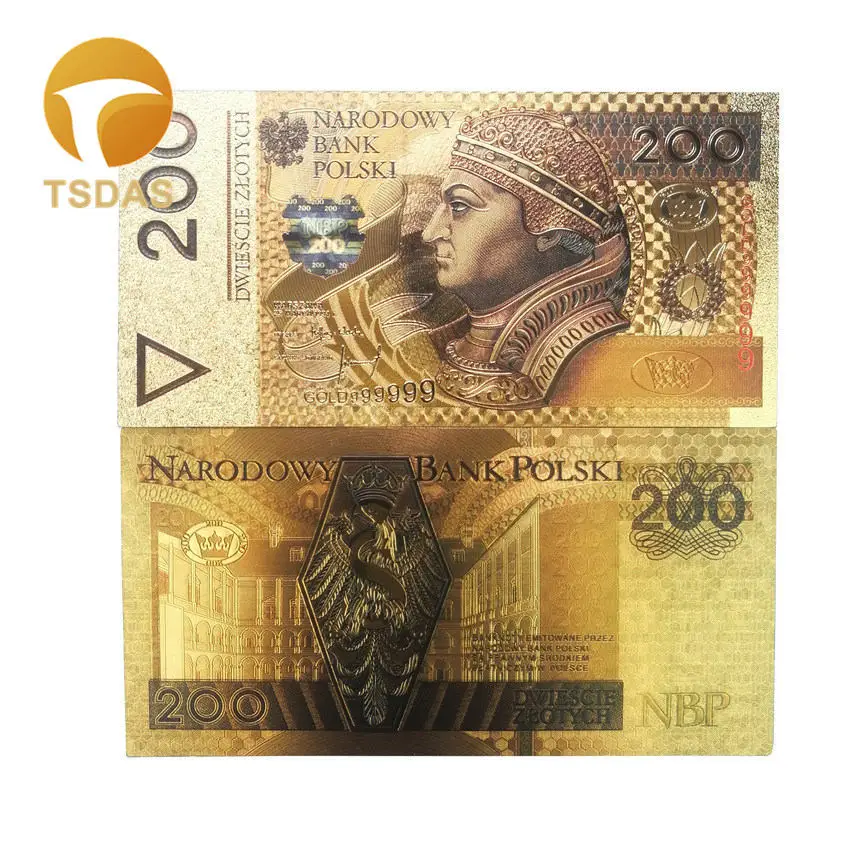 200 PLN Новая цветная 999,9 Золотая фольга банкнота 24k позолоченная Польша 100 злотых для деловых подарков и домашнего декора - Цвет: 200 PLN