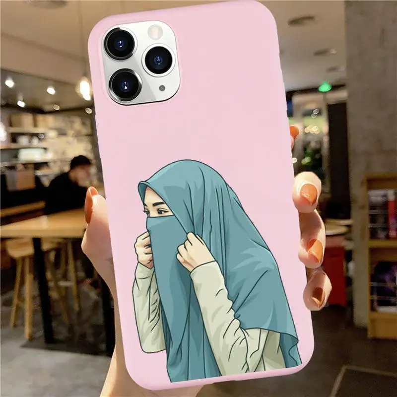 

Cartoon hijab muslim Girl Phone Case Candy Color for iPhone 6 7 8 11 12 s mini pro X XS XR MAX Plus