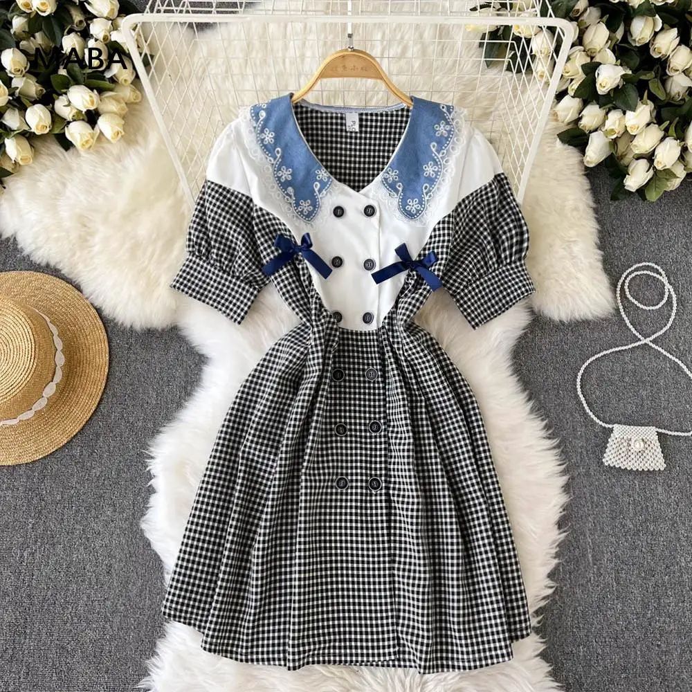 

New Women Plaid Kawaii Dress 2022 Summer Ladies Peter Pan Collar Puff Sleeve Bow Loose Double Breasted Short Dress Korean