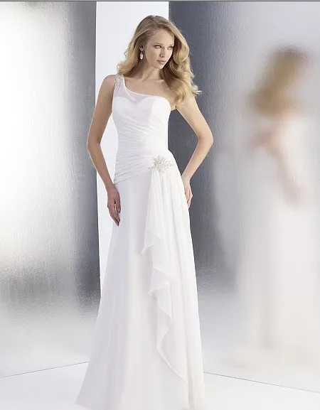 

free shipping chiffon flare gown illusion one shoulder key hole back beaded medallion drop waist cascading ruffles wedding dress