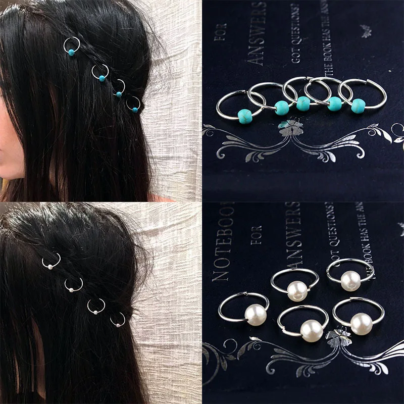 

5 Pcs/set Natural Stone Pine Wooden Pearl Hair Accessories Hair Ring Dreadlock Beads Cuffs Braid Braided Hair Tool