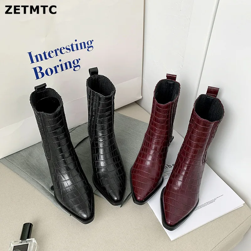 Brand Fashion Embossed Microfiber Leather Women's Ankle Boots Pointed Toe Western Cowboy Boots Women Wedges Riding Runway Boots