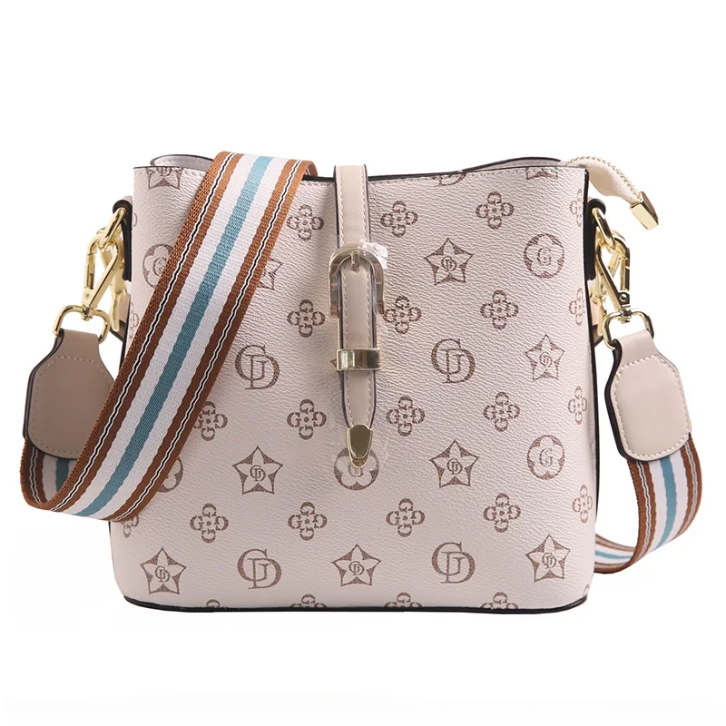 

Hot Sale Genuine Leather Women Bucket 2021 New Fashion Geometric Prints One Shoulder Bags Ladies Famous Handbags Wallet On Chain