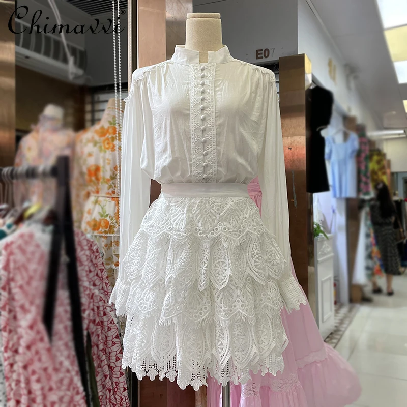 

Retro Summer 2021 New Stand Collar Long Sleeve Cotton Linen Shirt Water Soluble Lace Ruffled Skirt Two-Piece Set for Women