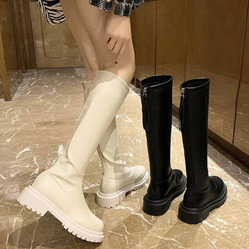 Women's Warm Plush High Boots, Women's Leather Snow Boots, Round-Toe Flat-Bottomed Casual Warm Boots, Autumn and Winter 3cm