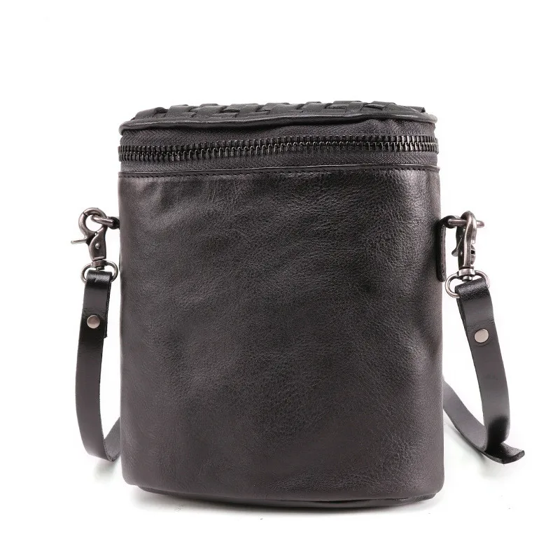 

fashion lady retro bucket bag genuine leather weave shoulder bag knitting cell phone pocket real leather vintage crossbody bag