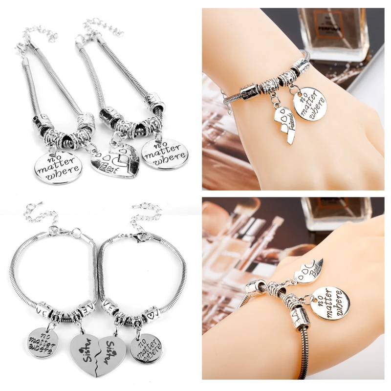2pcs no matter where best friend sister Bracelets &amp Bangles Snake Chain Bracelet Stainless Steel Patch Broken Heart Jewelry - купить по