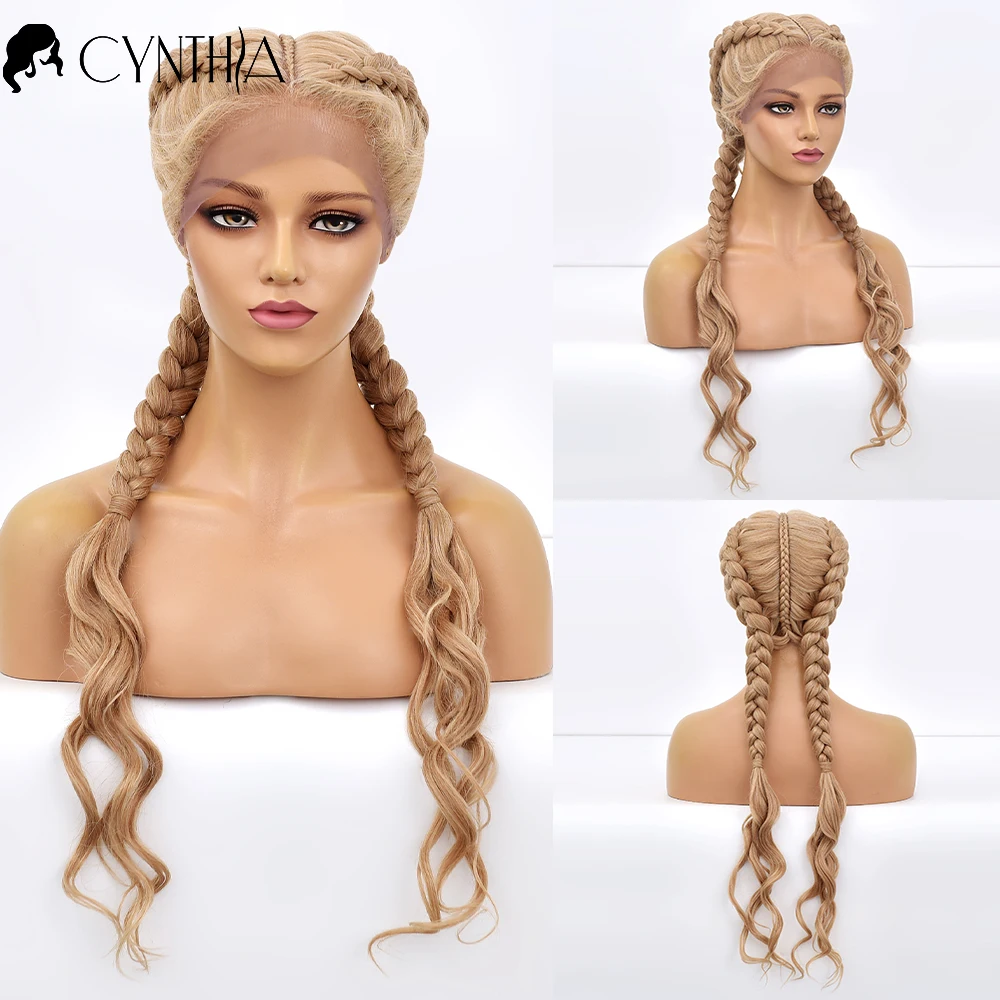 

Blonde Braided Lace Front Wig Synthetic Wigs For Women 26 Inch Long Dutch Twins Braids With Baby Hair 360 Lace Frontal Perruque