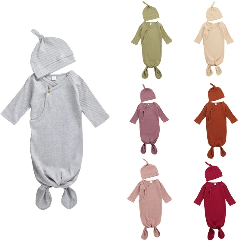 

Baby Sleeping Bag+Hat Set Solid Knitted Swaddle Wrap Blanket Sleepsack+Tail Knotted Beanie Cap Kit infant Newborn sleepwear