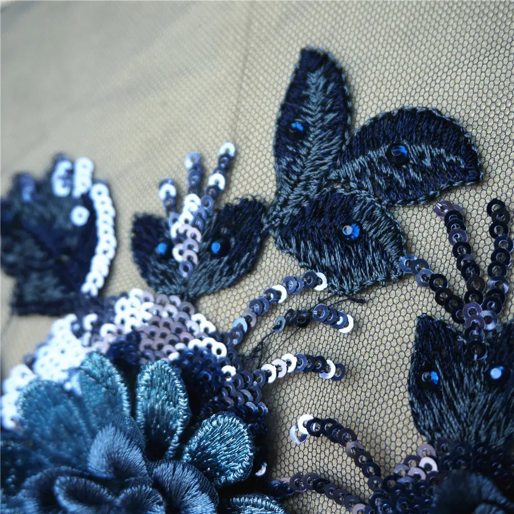 Navy Blue Sequin Beads 3D Flower Lace Fabric Embroidered Gown Appliques Collar Mesh Sew Patch For Wedding Decoration Dress DIY | Дом и сад