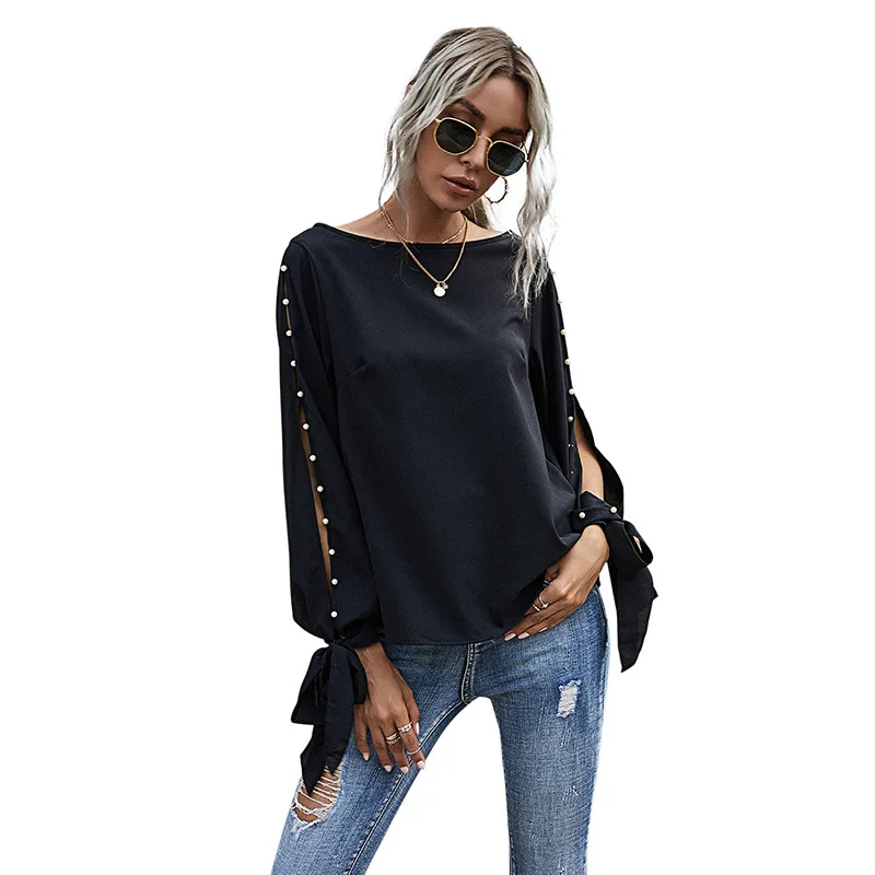 

Fall 2020 new women's solid color fashion pearl open-sleeve round collar women's top long sleeves