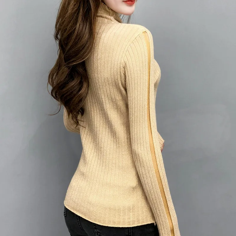 #3801 тонкий вязаный Топ с высоким воротником сетчатый пуловер разрезом женский