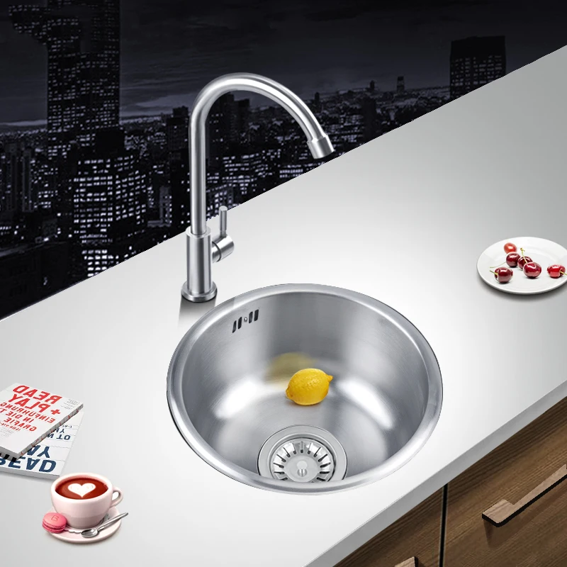 

41*41*20cm Kitchen 304 Stainless Steel Sink Round Single Trough Set Dish Basin Dishwashing Pool Balcony Pool Bar Round Sink HWC
