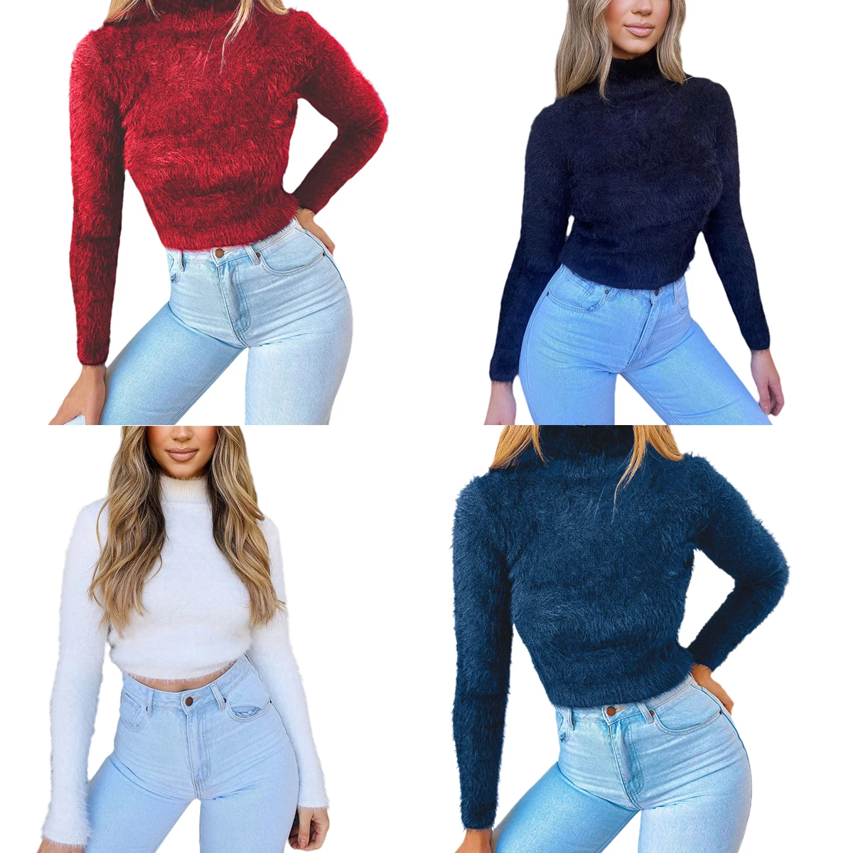 

Women Fashion Candy Color Sweater High Neck Plush Fleece Crop Jumper Outwears S-XL High Neck Plush Fleece Crop
