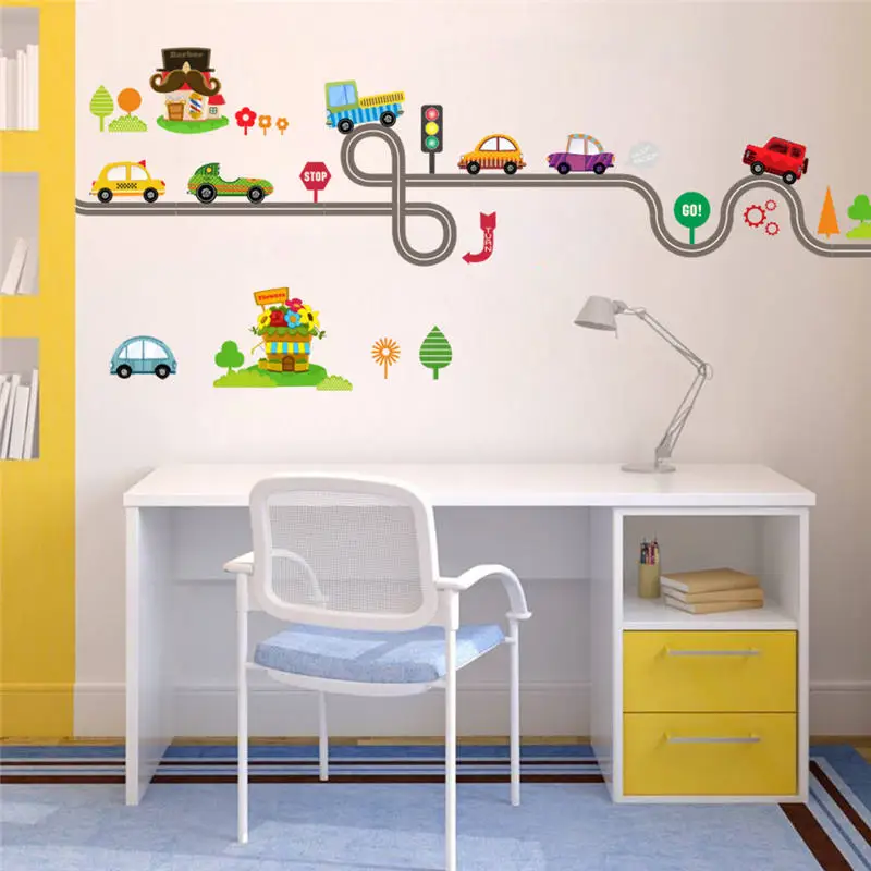 

Wall Art Decals Cute Cartoon Cars Highway Track Wall Stickers For Kids Rooms Sticker Children's Play Room Bedroom Decor