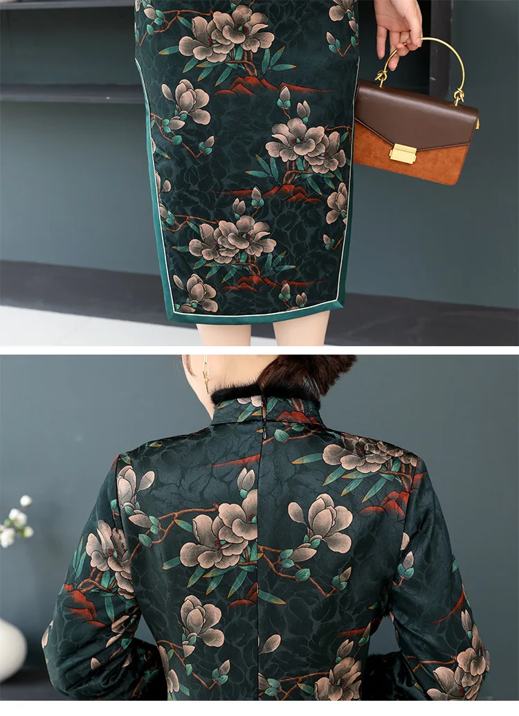 Винтажное хлопковое теплое китайское женское жаккардовое платье cheongsam Осень и зима Новинка