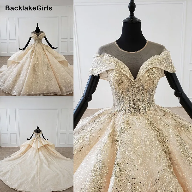 Элегантные Блестящие Свадебные платья с длинным шлейфом Vestidos Noiva расшитые