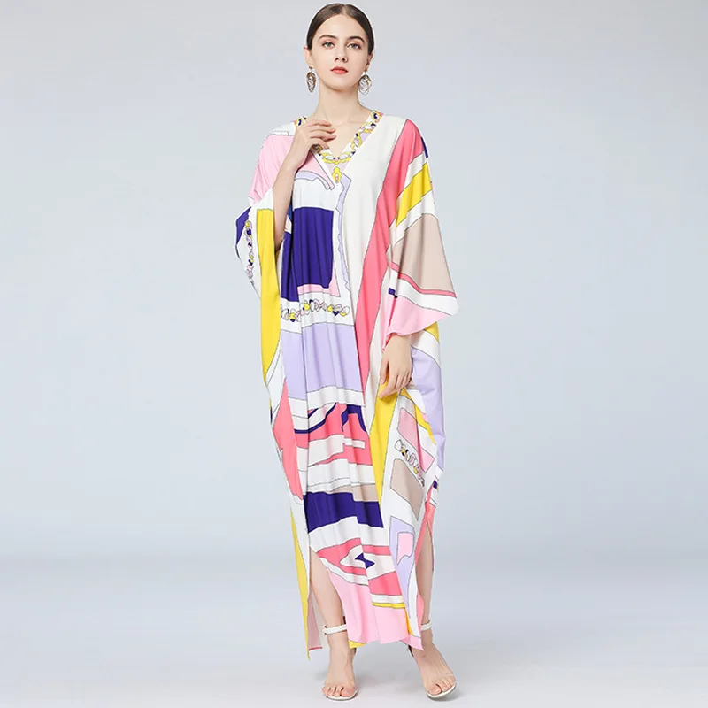 

Plus Size Loose Maxi Dress Women V-neck Color Contrast Batwing Sleeve Pattern Printed Dress Elastic Waist Elegant Dress Spring