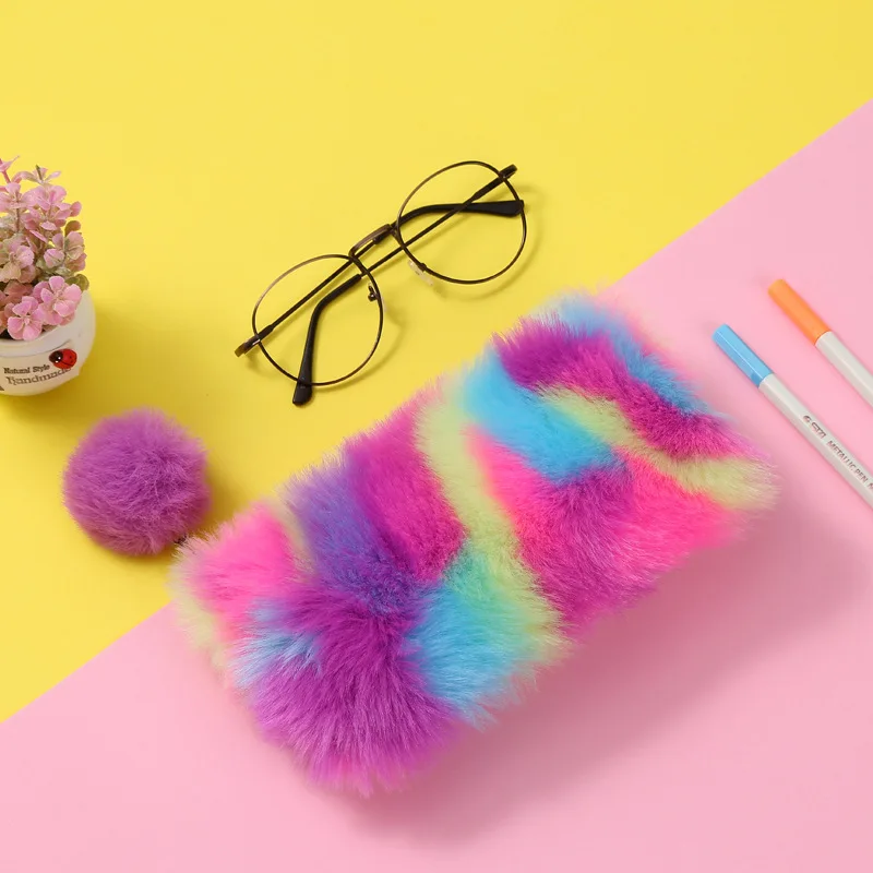 purple Чехол для карандашей Kawaii, коробка для ручек, лазерный плюшевый мяч, школьные принадлежности, канцелярские принадлежности, радужные сумки для макияжа, для хранения, инструменты для студентов, подарок - Цвет: purple