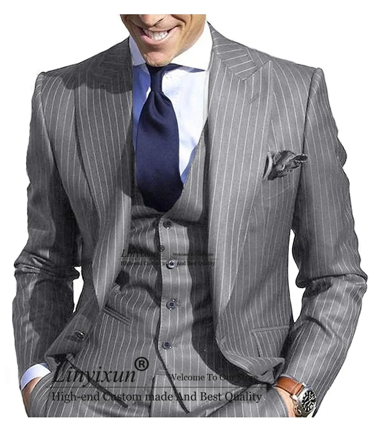 

2021 Mens Suits with Pants Stripe Men's Blazer Slim Fit Wedding Male Groom Tuxedos suit Prom (Jacket+Pants+Vest) costume homme