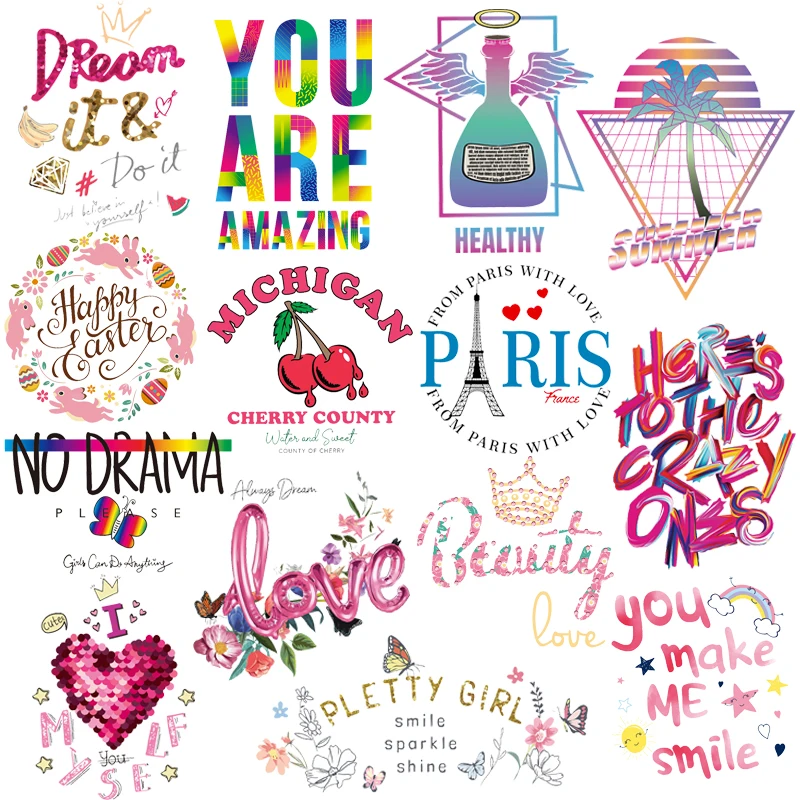 

Hippie Letter Iron-On Transfers For Clothing Stickers Cartoon Color Patch Thermotransfer For Clothes Iron On Patches On Clothes