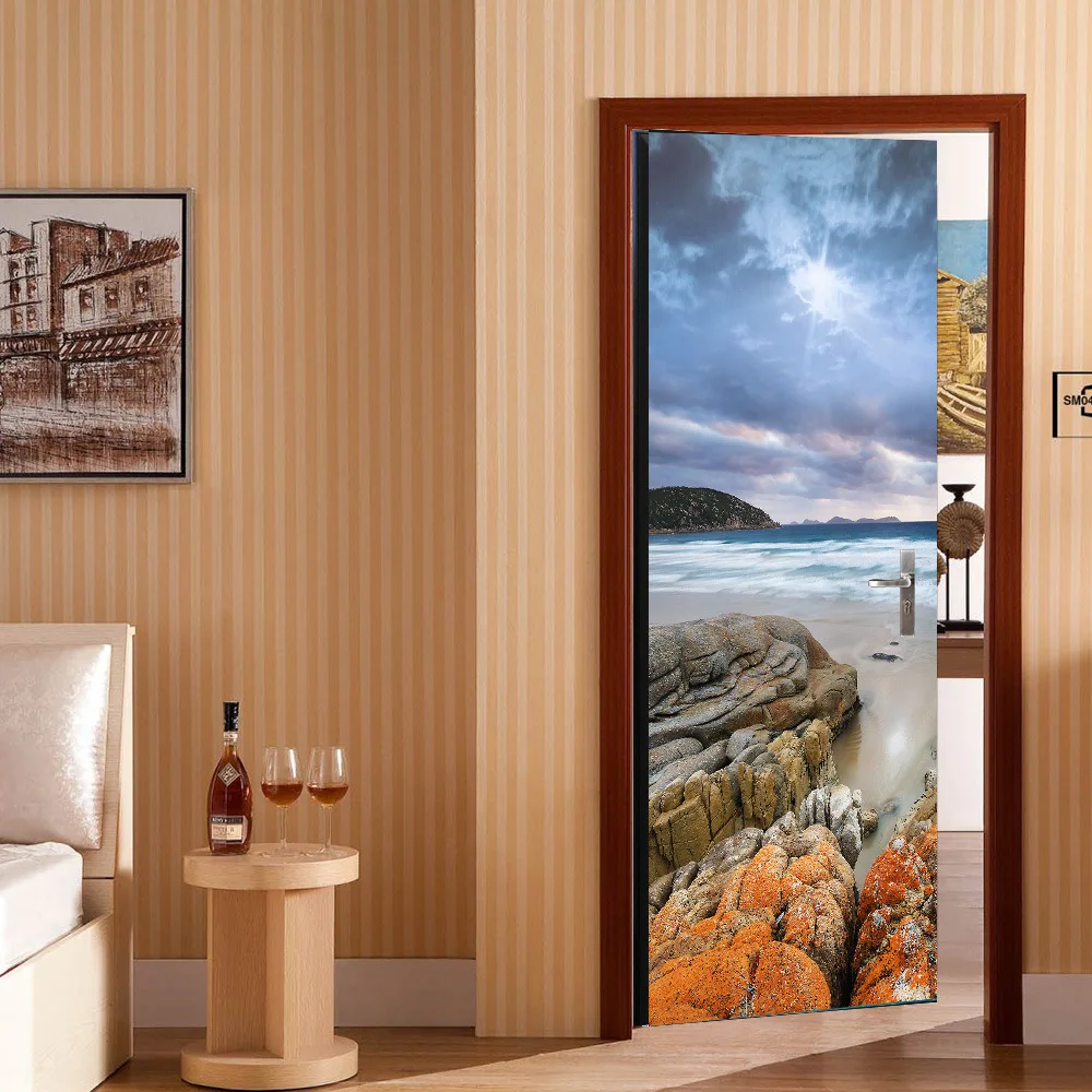 

Stone Seaside Scene Door Sticker Wall Mural Art Wallpaper Poster Door Stickers Self Adhesive Removable Home Door Drop Shipping