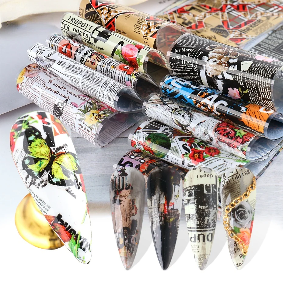 

10pcs English Newspaper Nail Transfer Foil Stickers Letter Inscription Butterfly Design Decal Retro Polish Wraps Manicure CH5114
