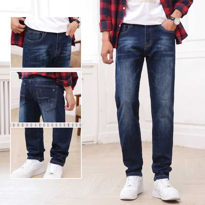 

2020 Winter Heavyweight Straight Moustache Effect Men Jeans Pants Blue Smart Casual Pockets Mens Jeans