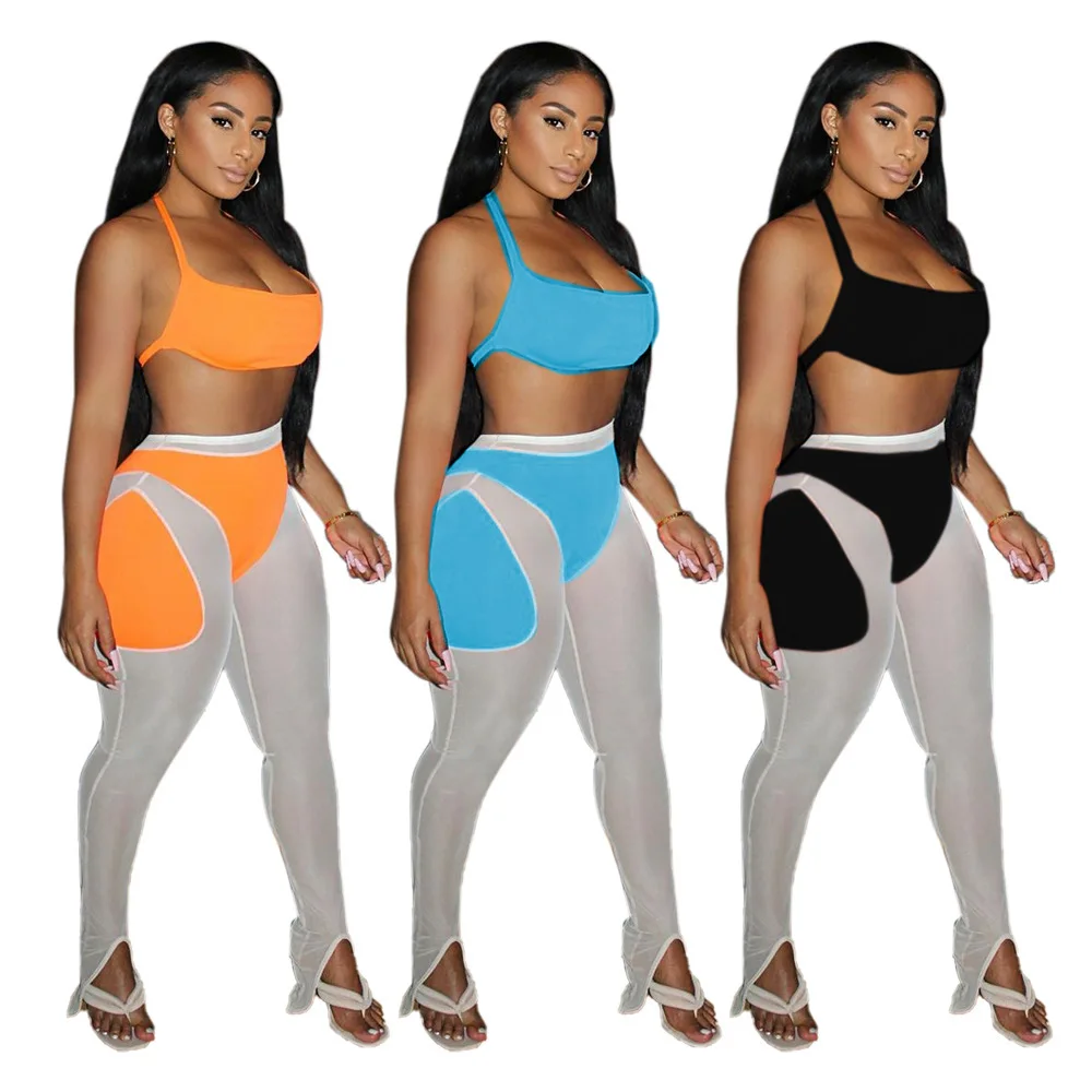 

LEOSOXS Sexy Slim Patchwork Fashion Two Piece Set For Women Halter Sheer Mesh Crop Top Women's Set Sexy Backless Strap Pants Set